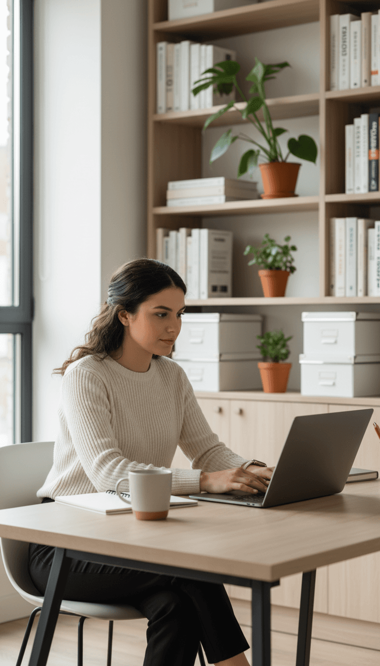 Professional woman reviewing eye wellness information on laptop