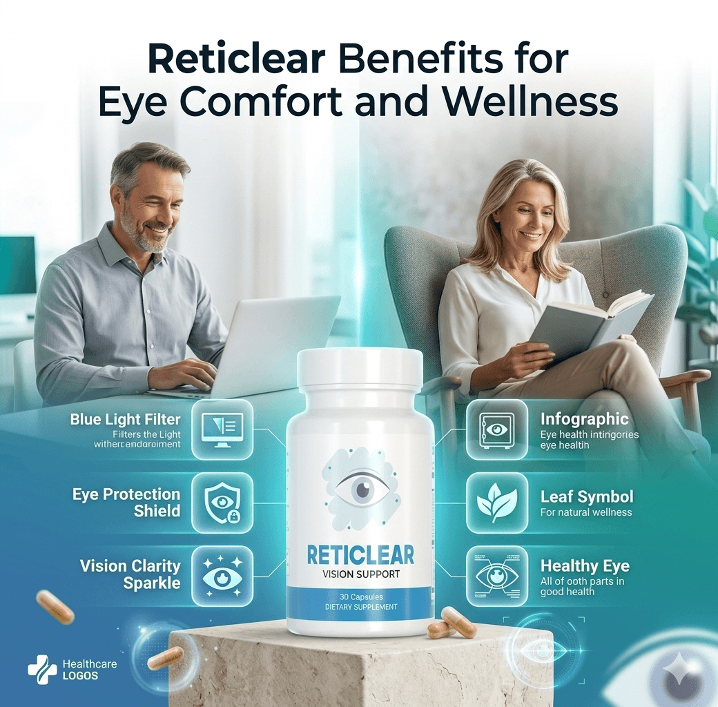 Reticlear Vision Support bottle with icons highlighting eye health benefits for digital and reading activities.